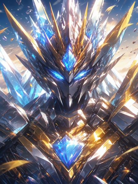 best aesthetic, lolsplashart,nijimecha,Gundam mecha made of crystal,crystal armor,crystal,sunshine,sunny day,clouds,portrait,(close-up:1.2),epic scene,masterpiece,best quality,blue theme,look at viewer
