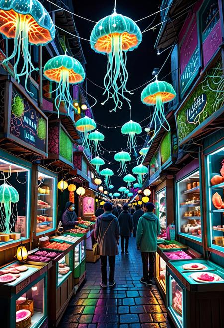 lazypos, masterpiece, best quality, amazing quality, very aesthetic, absurdres, An outdoor street market at night, food stalls made of glowing bark and moss, lanterns shaped like floating jellyfish, vendors wearing clothes stitched with shimmering threads, surreal lighting