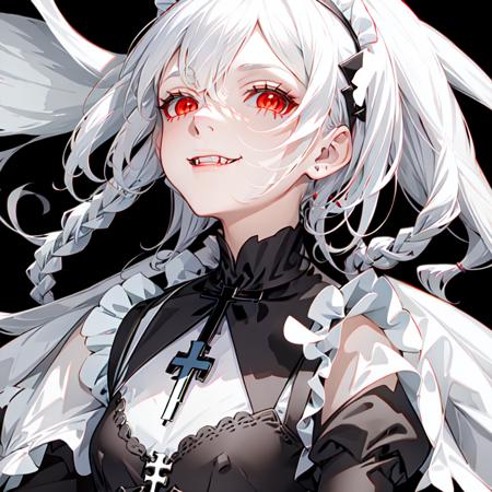 best quality, ultra detailed, 1girl, solo, standing, white hair, twin braids, red eyes,((black background)),maid headdress,maid apron, bangs, cross necklace,medium breastsr,white gloves,  stare, smile, (evil:1.2), looking at viewer, (interview:1.3),  <lora:maid_v10:0.7>