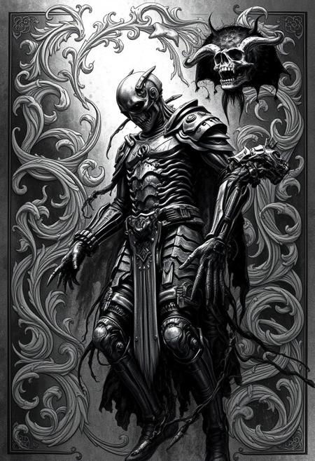 A ghostly figure of a fallen warrior, his body fractured between decayed armor and sleek cybernetic plating, surrounded by swirling engraved patterns that seem to come alive. The atmosphere is dark, foreboding, yet mesmerizing.
dark fantasy, high-contrast, intense chiaroscuro, dynamic compositions, cybernetic warriors, baroque engraving details, dystopian aesthetics, intricate linework, grim and dramatic atmosphere, heavy shadows, surreal grotesque elements, futuristic armor, mythological themes, otherworldly creatures, expressive movement, gritty textures, black ink style, mechanical augmentation, gothic energy, battle-ready figures, otherworldly warfare