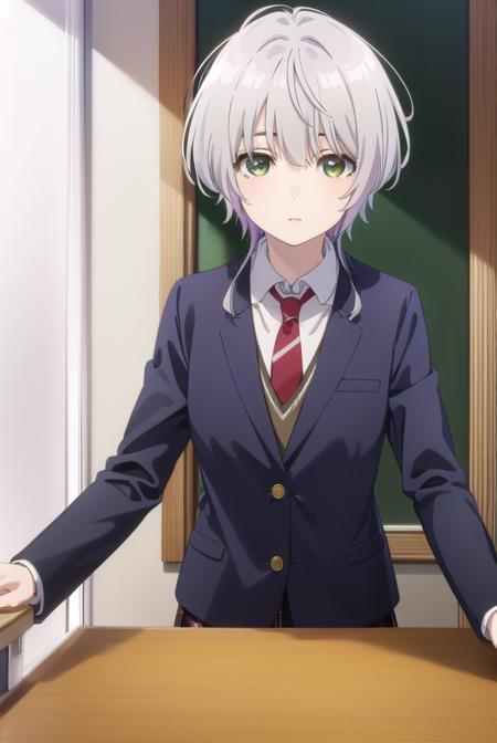 fuukakikuchi, <lora:fuuka kikuchi s1-lora-nochekaiser:1>,
fuuka kikuchi, short hair, bangs, hair between eyes, (green eyes:1.3), grey hair,
BREAK skirt, shirt, long sleeves, school uniform, jacket, white shirt, pleated skirt, necktie, collared shirt, plaid, plaid skirt, blazer, red necktie,
BREAK indoors, classroom,
BREAK looking at viewer,
BREAK <lyco:GoodHands-beta2:1>, (masterpiece:1.2), best quality, high resolution, unity 8k wallpaper, (illustration:0.8), (beautiful detailed eyes:1.6), extremely detailed face, perfect lighting, extremely detailed CG, (perfect hands, perfect anatomy),