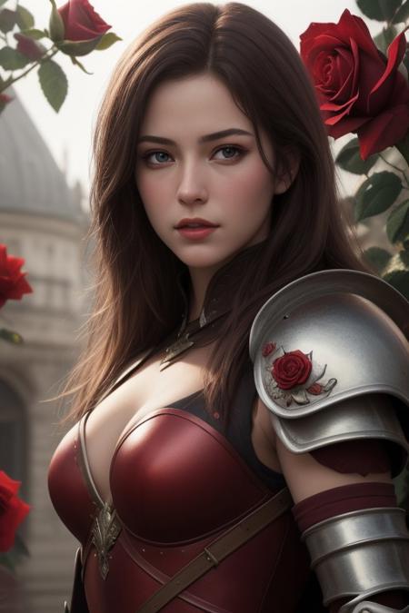 (Highest quality, masterpiece, Ultra-high resolution, photo realistic), 1girl, solo, rose, flower, armor, red_flower, red_rose, brown_hair, looking_up, shoulder_armor, upper_body, long_hair, realistic, lips, pauldrons
