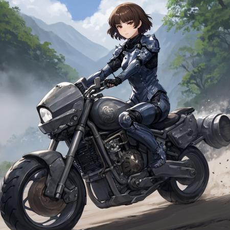 digital art, (masterpiece), (best quality), A detailed and cinematic wallpaper, a woman Niijima Makoto riding motorbike wearing armor <lora:makoto_xl:1>