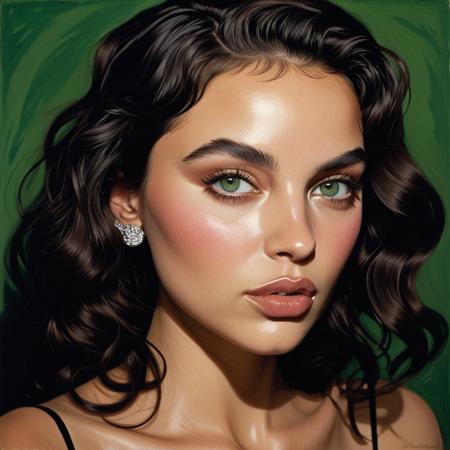 A captivating close-up portrait of a woman with dark, wavy hair, styled elegantly, set against a contrasting dark background that emphasizes the features of her face. The lighting is soft yet dramatic, casting gentle shadows and creating depth, highlighting her high cheekbones and well-defined jawline. The woman's piercing green eyes are prominent, drawing viewers in, while her slightly parted lips are painted with a subtle pink hue. She wears a shimmering, animal print spaghetti strap top that adds texture to the image, further illuminating her collarbone and shoulder area. The composition is intimate and engaging, using a tight crop that focuses on her facial expression, which exudes confidence and allure. The overall style blends modern portraiture with hints of glamour, enhancing the artistic visual narrative. Technical aspects include a shallow depth of field that blurs the background slightly, pulling attention to the subject, with a balanced color palette dominated by earthy tones that evoke sophistication. ernst ludwig kirchner expressionism painting style