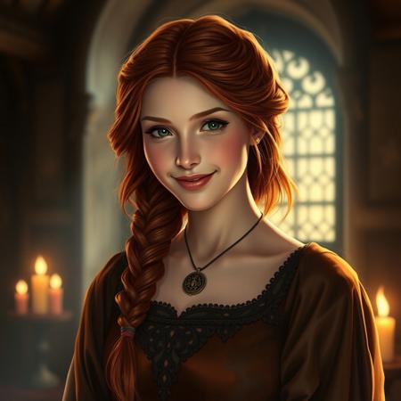 A graceful yong woman, red long hair in a single braid, radiant smile,  in an elegant brown medieval gown, amulet. Her expression reflects deep compassion and tenderness, a subtle smile hinting at the love and dedication she feels for her family.  medieval room illuminated by the soft, warm glow of candles. .
 Cinematic style, Illustration, Dramatic Chiaroscuro, Ethereal Beauty, High Resolution, hyper detailed, highly detailed, insanely detailed, beautiful, realistic, stunning, perfect lighting, mind blowing, award winning,
Cinematic style, Beauty, Realism, Photorealism,  High quality