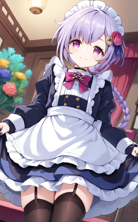 gen-qiqi red purple_eyes, bangs, lightpurple hair, braided ponytail, black nails, flat cheast hair_ornament, ofuda qing_guanmao, jiangshi, dark purple hat, necklace, dress, long_sleeves, white shorts, white_legwear bandaged_leg, thighhighs