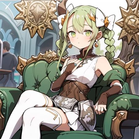 Ikelos white thighhighs, gloves, bare shoulders, sleeveless, elbow gloves, fingerless gloves, bridal gauntlets, brown gloves, armor, pleated skirt long hair, hair ornament, green eyes, sidelocks, jewelry, earrings, green hair, hair bow, hair between eyes, braid, up, twin braids, white bow 