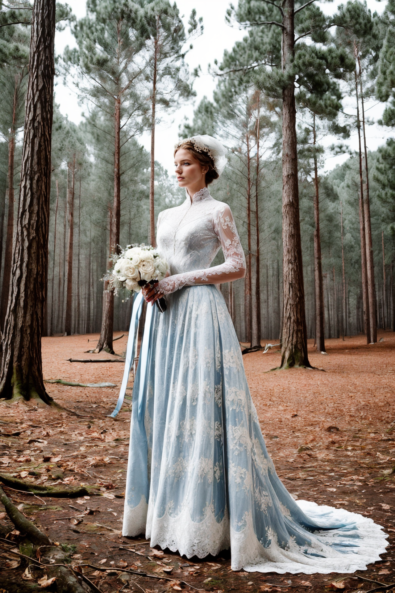 breathtaking, nature, 8k,(pine forest),snowing,snow,lose leaves,streams,representational,Focusing. <lora:add_detail:0.7>,1girl, fashion editorial,(Victorian age white blue gold Lace newlyweds:1.2),depth of field