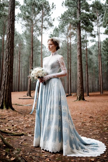 breathtaking, nature, 8k,(pine forest),snowing,snow,lose leaves,streams,representational,Focusing. <lora:add_detail:0.7>,1girl, fashion editorial,(Victorian age white blue gold Lace newlyweds:1.2),depth of field