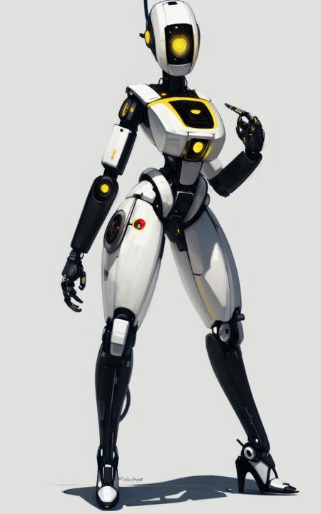 8k,4k,((Best quality, masterpiece, ultra high resolution)),((full body, by pixelsketcher)),   <lora:GLaDOS:0.75>,GLaDOS,robot,humanoid robot,robot joints, joints,android,cyclops,yellow eye,one-eyed,no mouth, science fiction,female ,breast,heels,white background