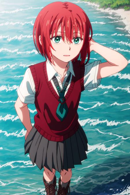 <lora:HatoriChise-000002:0.9> hatorichise, 1girl, casual_outfit, black_skirt, boots, cross-laced_footwear, full_body, green_eyes, lace-up_boots, necktie, pleated_skirt, red_hair, school_uniform, shirt, short_hair, short_sleeves, sweater_vest, , white_shirt, blue sky background, water splash, outdoors, short red hair, grey skirt, full body, standing on water, solo, ocean behind her,