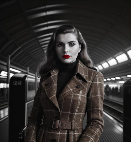 <lora:50f14b3v_09SD-000007:0.9>, a film noir style vintage black and white photograph close up of (beautiful 24 year old) (50f14b3v woman:1.1) as a secret agent during WWII, wearing a trench coat over her (tweed dress:1.2),(bright red lipstick:1.2),long wavy dark hair,standing on railway platform at (Paddington Station in London:1.2),victorian architecture,with a passenger train arrives,with busy crowds walking by,hero view angle,(looking at viewer), (face focus), monochrome, high contrast, dramatic shadows, 1940s style, mysterious, cinematic photograph, photorealism, realistic lighting,(bokeh),realistic shadows,masterpiece,Award-winning, 8K wallpaper,Hyperrealistic, intricate detailed, subsurface scattering, rule of thirds, detailed pupils, 35mm photograph, detailed skin texture, subsurface scattering