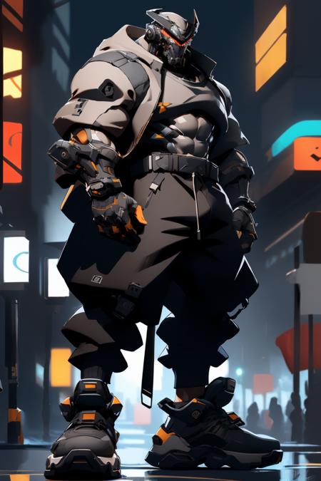 absurdres, 1boy, grey cybersuit, machinery, military, bulky, mask, headset, upper armor, mechanical jaw, solo,  standing, jacket, looking at viewer, male focus,  full body, long sleeves, shoes, shirt, sneakers, black pants, city at night, <lora:nijiarmor:0.8>