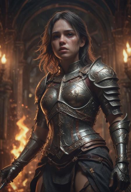 High resolution ultra-realistic of Beautiful Warrior Joan of Arc, 8k, capturing the intensity of the moment, cinematic lighting, standing on a bloody and stormy battlefield in bloody battle, wavy black hair, realistic dirty pale face, realistic brown eyes,  beautiful hourglass figure, burning in a medieval Town, intricately designed iron and silver armor, Dark Ages Aesthetic, perfect athletic figure, beautiful Warrior Joan of Arc, fire, ultra realistic, cinematic style, vigorous and seductive, athletic figure, dark fantasy, dramatic lighting, wet and sweaty skin, dirty skin, athletic figure, dark fantasy, dramatic lighting, Greg Rutkowski style,, Warrior Joan of Arc on in iron armor, hyper-detailed, hyper-realistic, bright colours, Attractive 21 old years girl, Attractive, beautiful firm Breasts, sharp focus, digital painting, Photograph Taken on Nikon D750, Alphonse Mucha, 8K, athletic figure, Hyperdetailed, hyperrealism, Attractive, Attractive bust girl, asymmetric balance