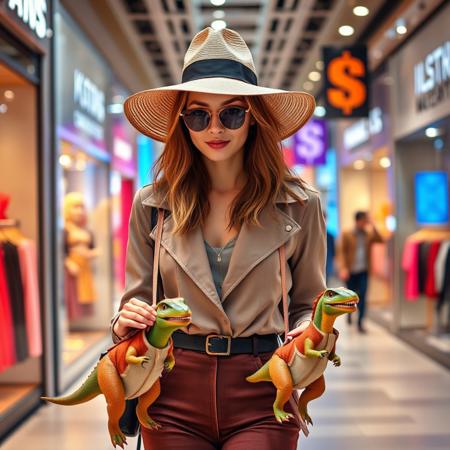 Create a realistic photograph of a young, beautiful lady wearing a stylish wide-brimmed hat and fashionable clothing. She is walking two small dinosaur pets on leashes, each the size of a small dog. The dinosaurs are dressed in outfits that match the colors and style of the woman's clothing. The background features bustling streets lined with clothing stores, capturing a vibrant and trendy atmosphere. The scene should highlight the unique and playful juxtaposition of fashion and dinosaurs.