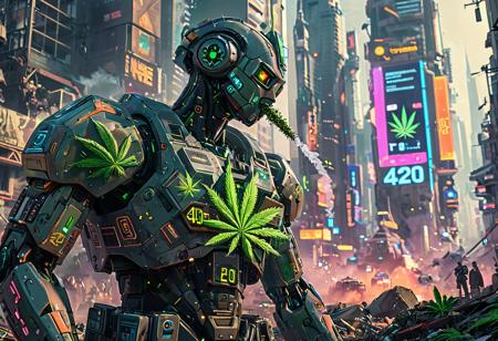 An enormous construction robot sits on some building rubble and blows cannbis smoke from its face. An LCD display on its chest displays a cannabis leaf and the numbers 420. Police look on in consternation. The background is a vibrant and crowded cyberpunk city.  The image has a colorful cyberpunk scifi aesthetic. Award winning photography in the style of National Geographic.