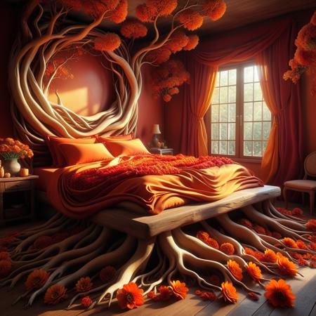 incredible detailed, highest quality, soft lighting, safe rating, best quality, detailed background,extremely detailed,  PG-TR,  dinner, cook comfy bed,  , red and orange color theme, , , billowing folds, shadowy tones, golden to pale transition, , intricate flowers, , , , dreamlike quality, , , , , , , , contemplative atmosphere, surreal artistry, , artistic balance, warm gradients, hyper-detailed natural motifs, vibrant yet subtle palette, , , mystical serenity, , visual masterpiece, surreal natural integration, <lora:Treeroots_0_90_multi2_Handprocessed_V2-000018.>