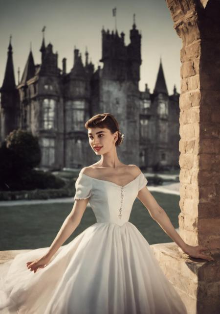 photo of a woman, drHpbrn amazing, wearing an white dress, intrincate clothing, sexy, castle in the background, photorealistic, bokeh, gilm grain
<lyco:Audrey Hepburn_v3.0b-21:1>