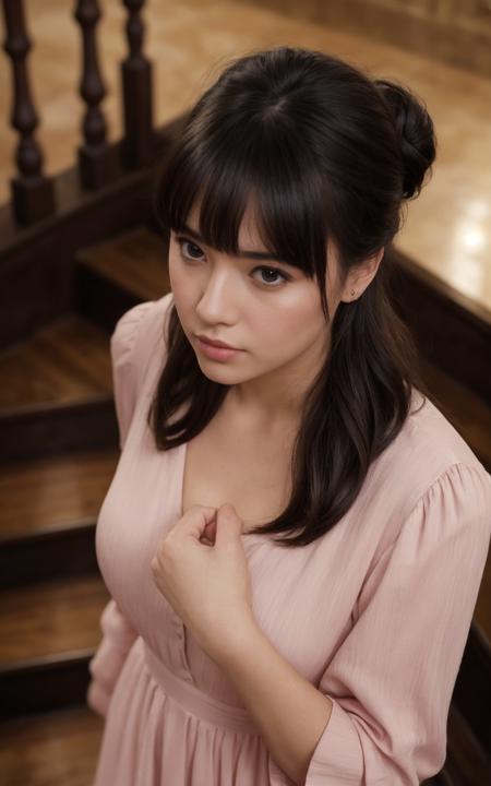 cinematic film still masterpiece, best quality, absurdres, illustration,1girl, solo, blush, looking at viewer, looking up, from above, chinese clothes, pink dress, long sleeves, brown eyes, black hair, bangs, hair bun, outstretched hand,  reaching towards viewer, lips, foreshortening, ribbon, stairs, . shallow depth of field, vignette, highly detailed, high budget, bokeh, cinemascope, moody, epic, gorgeous, film grain, grainy