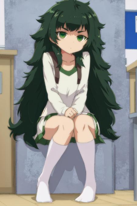 best quality, masterpiece, 1girl, solo, maho, messy hair, full body, green eyes, dark green hair, school uniform,  indoors