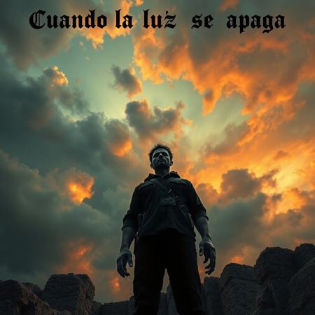 rock album cover for a melancholic rock about prison The walls shake with voiceless echoes,  
The monsters advance with ferocious gestures.  
He knows that the dawn will never come,  
while the gloom begins to bite him.life, , dramatic sunset, view from below, heavy  looking determined, album title "Cuando la luz se apaga"