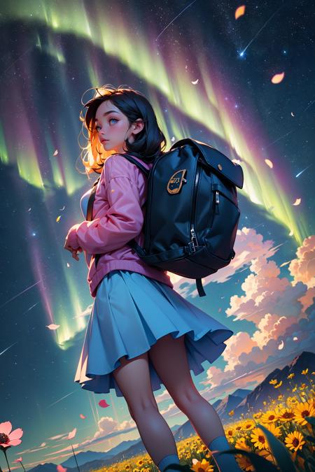 Girl Carrying a Backpack、Stargazing at the stars、(zoomout:1.4)、(Meteor swarm:1.2)、(comets:1.1)、low angles、from the rear、Aurora、shooting stars、Surrounded by petals、Standing in the field、top-quality、​masterpiece、​​clouds、colourfull、starrysky、stele, fish eye lens