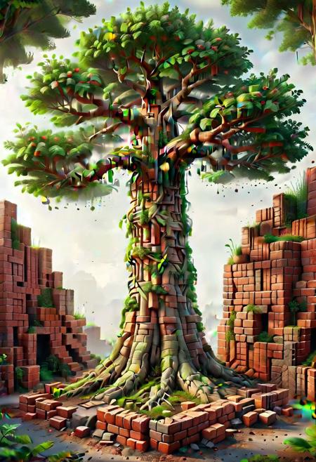 tree growing bricks. Ultra High Definition 64K, Detailed and Intricate, Digital Art, Photo, Realistic, Cinematic, Studio Lighting, Beautiful Lighting, landscape view