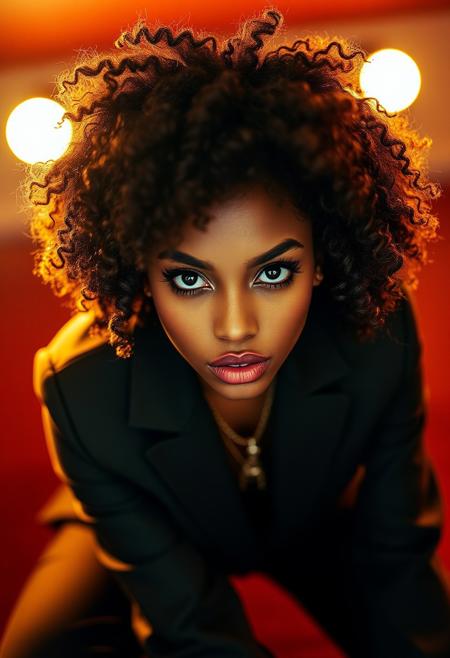 photograph,african american woman,hip-hop style suit,Afro,cowgirl pose,looking at the viewer,Leaning forward,by Santiago Caruso,by Mike Azevedo,detailed eyes,detailed lips,extremely detailed face,long eyelashes,dynamic pose,showy,vibrant colors,warm lighting
