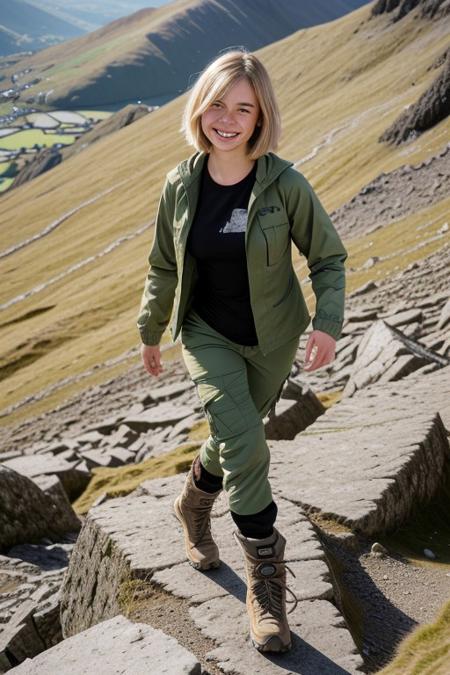 ((raw photo)),
Evie 22 years old, beautiful face, fashion model face, hiking jacket, black tee, cargo pants, walking boots, blonde hair, messy bob cut, bangs, green eyes, close up, tanned skin, full body shot, shy smile, on mount Snowdon.