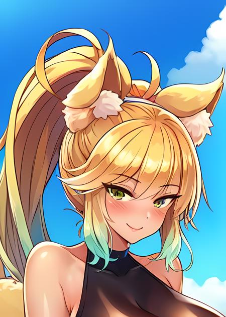 ((masterpiece)), highest quality:1.3, <lora:amy-05.2:1>, amy, front view, smile, breasts, bangs, blonde hair, ponytail, shoulders, fox ears,