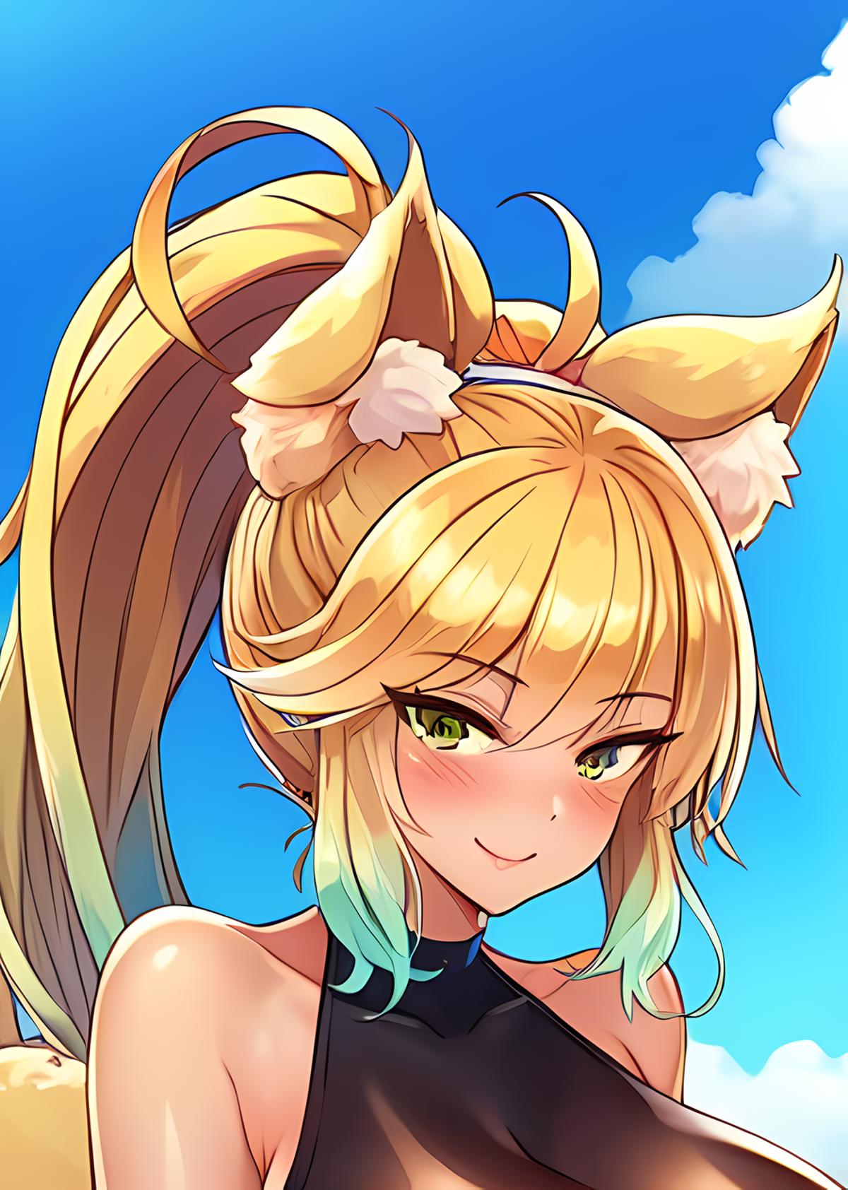 A cartoon girl with cat ears and a ponytail, smiling for the camera.