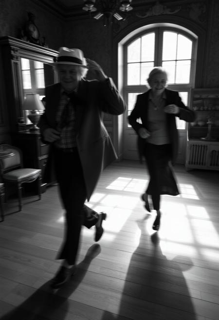 Classic black and white photograph, dynamic motion of elderly figures in a Victorian interior, strong hard light creating harsh shadows and blurred lines, timeless and elegant style, action poses conveying a sense of movement, hyperrealistic detail.