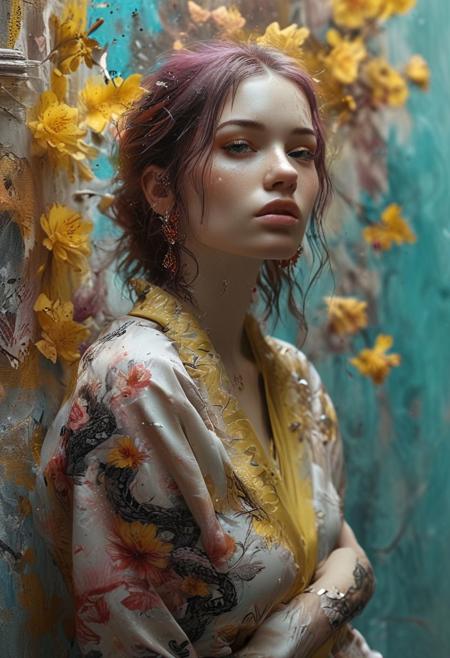(huge source of light in the center:1.5), (Surrealism:1.5),epic composition,stunning intricate details,glowing, see through body, surrounded by a bright cyan glow, dark creating a sense of wonder and magic.rays of light, . energetic brushwork, bold colors, abstract forms, expressive, emotional . complementing her mixed-race heritage. Adorned with intricate gothic tattoos that snake up her arms and peek out from under her slouchy joggers, she exudes confidence. Her attire consists of slouchy joggers paired with a cropped tank top, teasing a glimpse of her toned midriff. Posing against a backdrop of colorful graffiti, she exudes a rebellious charm, embodying the essence of urban allure.  Eerie, unsettling, dark, spooky, suspenseful, grim, highly detailed  The overall ambiance of the illustration is clean, modern, and abstract, with a touch of surrealism., illustration background covered with glowing stars, there is a galaxy in the background at the top corners of the screen, falling stars colored in a bright purple hue, dynamic pose (with long long in kimono, cyberpunk, yellow_sun, teal background, red translucent magical glowing flowers:1.12), (green eyes:0.7), (black and red hair:1.15), (abstract:0.25), (art nouveau style:0.1), heart (masterpiece:1.2), (best quality:1.2), sharp focus, (8k), beautiful, high quality, (hightres:1.1),  pink hologram scifi white _james jean, floating