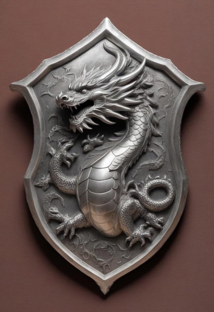 a large silver shield with a dragon shape