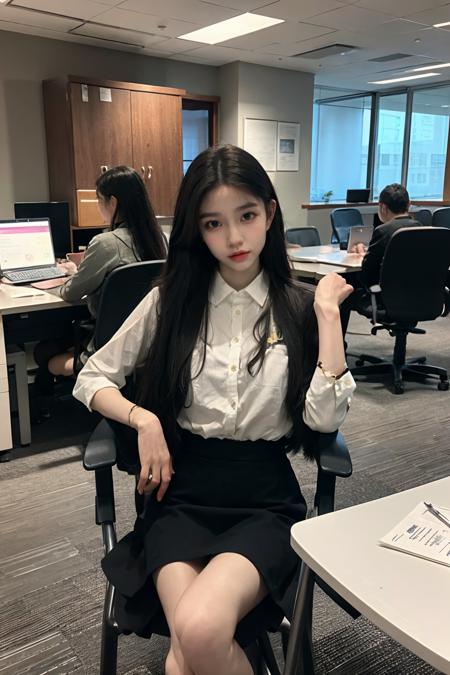 (masterpiece:1.2), (best quality:1.2),realistic, photorealistic,HDR,UHD,8K,Highly detailed,8k,cinematic_lighting,reality_ray_tracing,1girl,long hair, black hair, medium breasts, collared shirt,pencil skirt, black pantyhose, legs,potted plant,sitting, office chair,office, looking at viewer,  <lora:zzmv:0.8>