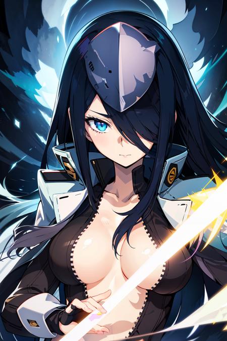 absurdres, highres, (official art, beautiful and aesthetic:1.2), front view, 1girl, solo, <lora:pawoonekoyanagi7:1>, pawoonekoyanagi, hair over one eye, very long hair, black hair, blue eyes, jacket, fingerless gloves, large breasts, (shining eyes:1.2), (fractal art, (kaleidoscope:0.9), colorfield painting), (shine effects, seraph effects, lighting effects:1.25), mature, upper body, medium breasts, looking at camera,