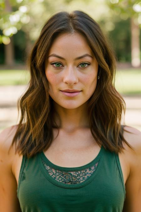Realistic photo of a beautiful 0l1v14w-v1 woman, 1girl, solo, long hair, breasts, looking at viewer, smile, brown hair, closed mouth, green eyes, upper body, blurry, lips, blurry background, tank top, web address, freckles, realistic, soft lighting, professional Photography, Photorealistic, detailed, RAW, analog, sharp focus, 8k, HD, DSLR, high quality, Fujifilm XT3, film grain, award winning, masterpiece<lora:0l1v14w-v1:1.0>