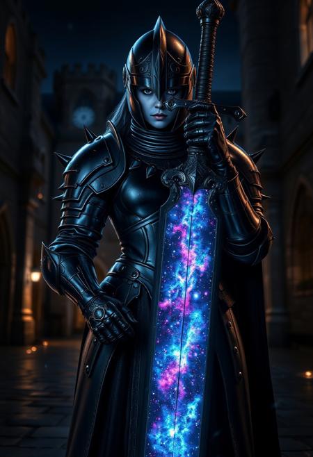 aidmaimageupgrader, ((they glow at night)), a high quality digital image of a woman knight wearing full heavy plate armour included helmet and face shield, the armour is as dark as eternity and seems to absorb light itself, the armour is stylised with sleek curves and a variety pf spikes on the shoulder pads and gauntlets, she is holding a greatsword, the greatsword is black as night and the blade is made of an intricately detailed galaxy, within the galaxy we see a variety of stars, nebulae and galactic dust detailed in bright and vivid colours, she is standing in a castle courtyard at midnight, they glow at night,