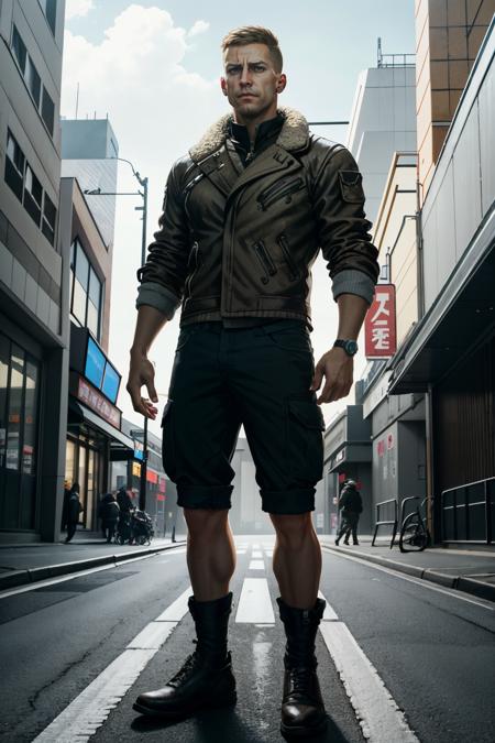 ((masterpiece, best quality))
 <lora:WolfensteinBlazkowicz:0.8>
WolfensteinBlazkowicz, 1boy, solo, short hair, looking at viewer, On a stylish, modern street in Tokyo, sporting a trendy Harajuku fashion look