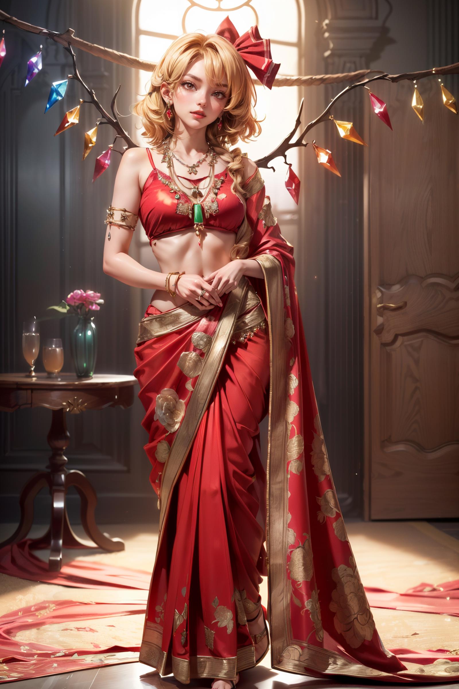 (flandre_scarlet : 1.5), ((touhou, red saree, bindi, jewelry, necklace, cinematography, chiaroscuro, feminine, exotic beau...