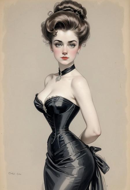 full height standing view, A full height portrait of a tall and haughty 30 year old Gibson Girl looking down her nose and curling her lip at the viewer, her elegant fitted evening gown is very tightly corseted. drawing by Charles Dana Gibson