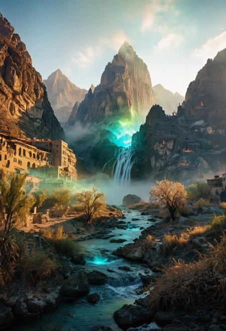 (by Ellen Jewett:1.5), (Bioluminescent Impressionism, Egyptian landscape, The Dreamland,, their peaks veiled in mist. mixed media, surrealism, great lighting, A surreal landscape highly detailed . extremely high-resolution details,  appears trapped in an optical illusion of reflections and refractions colorful , mountains and village in Turkey, professional photography, natural lighting, volumetric lighting maximalist. intricately detailed, complex, elegant, expansive, fantastical, waterfall, ethereal landscapes, depth of field, biotech emotion:1.3) <lora:xl_more_art-full_v1:0.5> <lora:add-detail-xl:1> <lora:RMSDXL_Creative:2>
