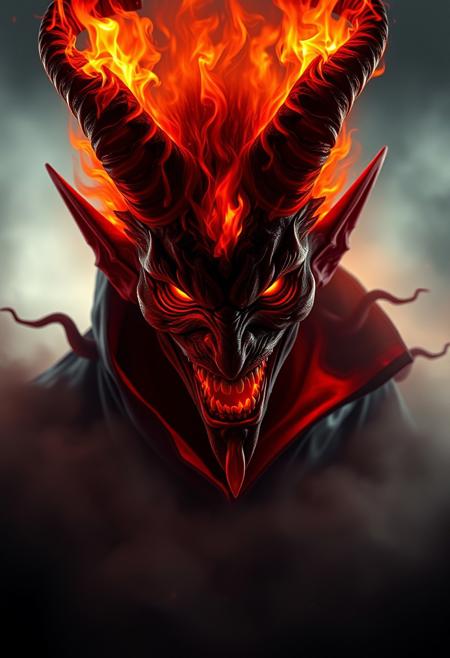 Photorealistic fantasy demon humanoid flames as hair, burning iris, black and red cloack, bloody smile, hoovering a dark scenery, foggy, ashes, horror terror photo raw high resolution detail, full demon silhouette