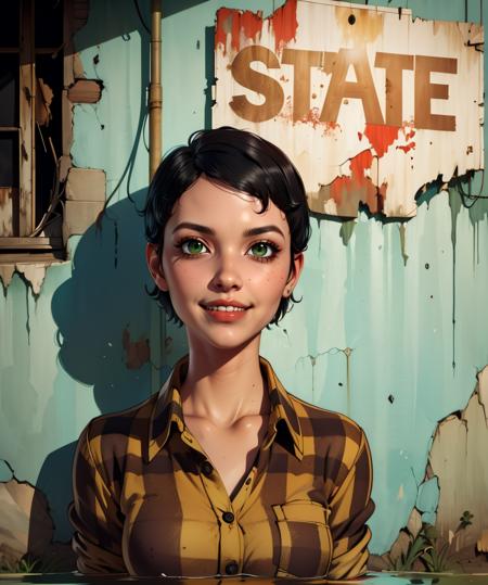 curie,short hair,black hair,green eyes,smile,
closed red flannel shirt,dirty clothes,teeth,
wasteland,lake,
standing,upper body,
(insanely detailed, beautiful detailed face, masterpiece, best quality),<lora:curie-10F4v8:0.8>,