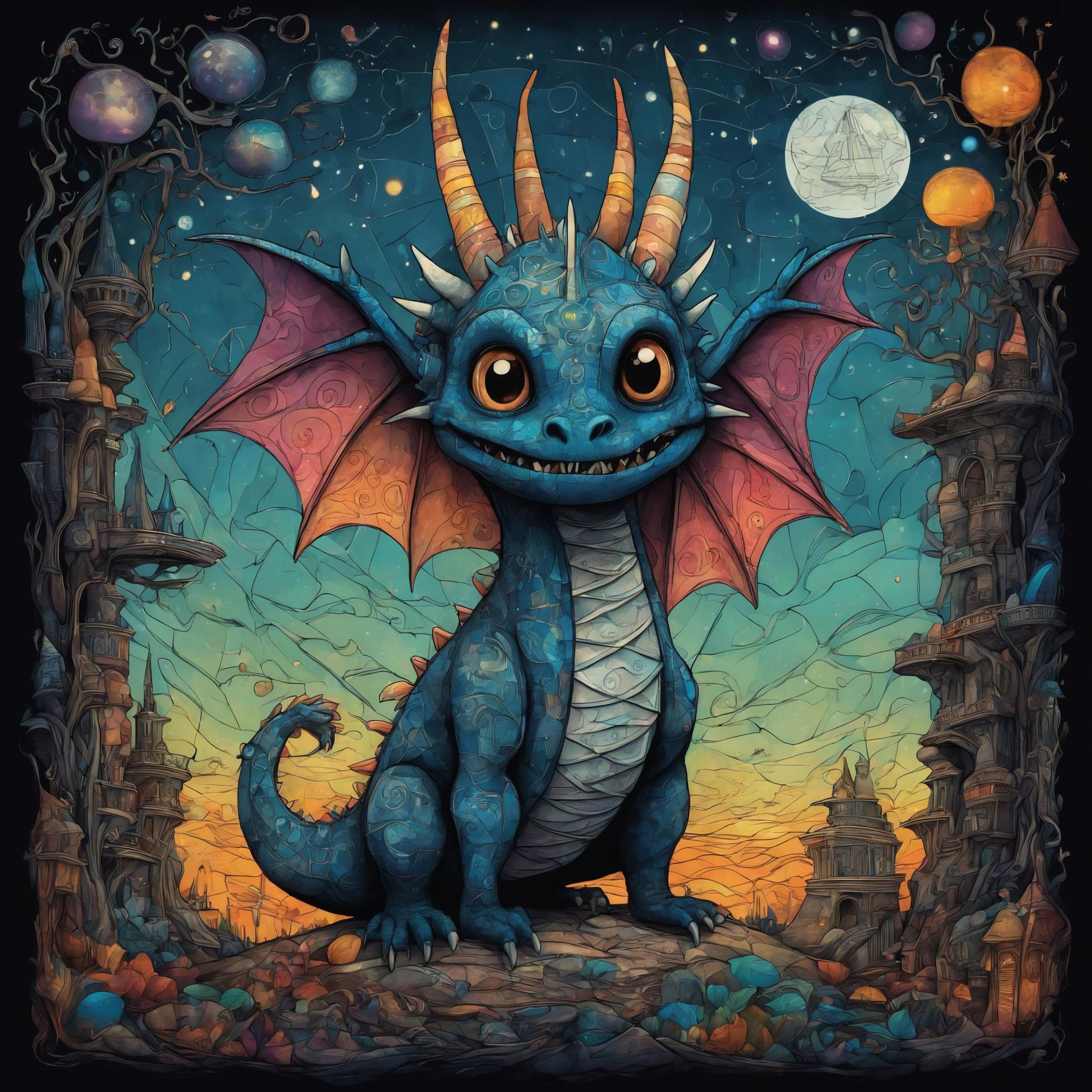 A colorful and detailed illustration of a blue dragon with big horns and wings, sitting on a rock under a night sky with a full moon.
