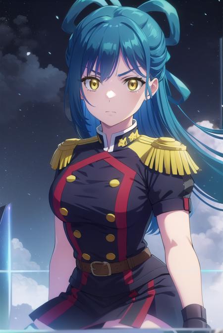 himari azuma, long hair, hair rings, (blue hair:1.5), (yellow eyes:1.3), skirt, thighhighs, epaulettes, military, military uniform, black uniform,