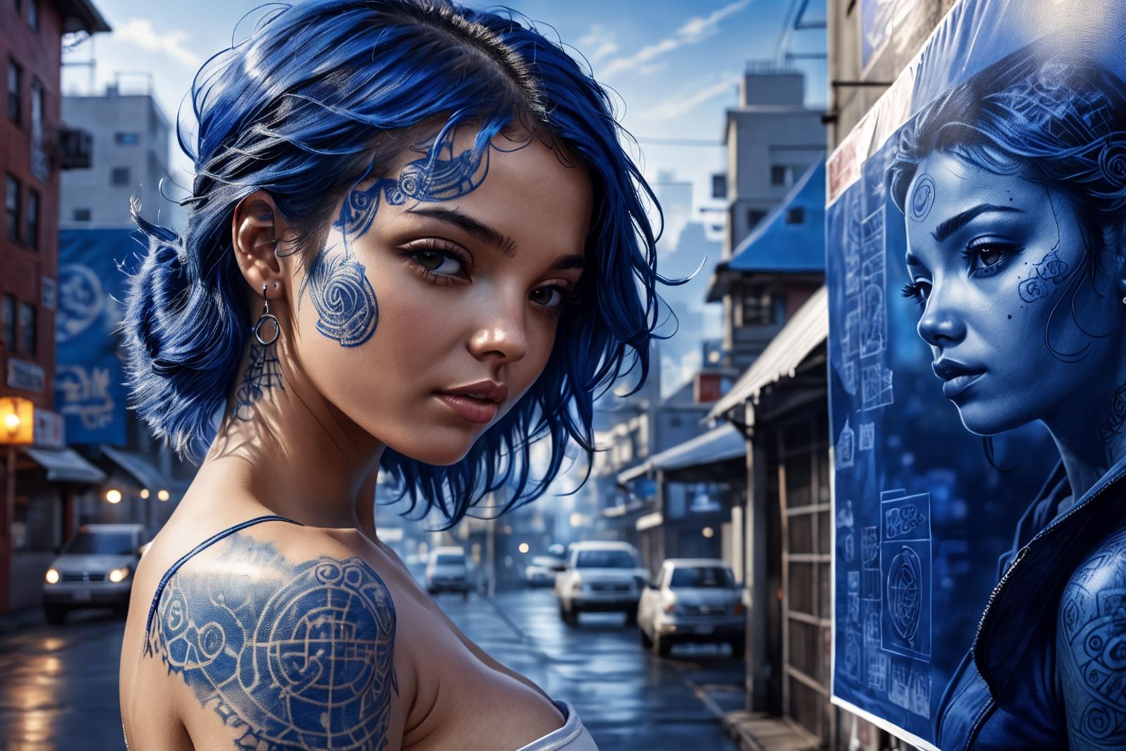 A blue-haired woman with tattoos looking at the camera in a city street.