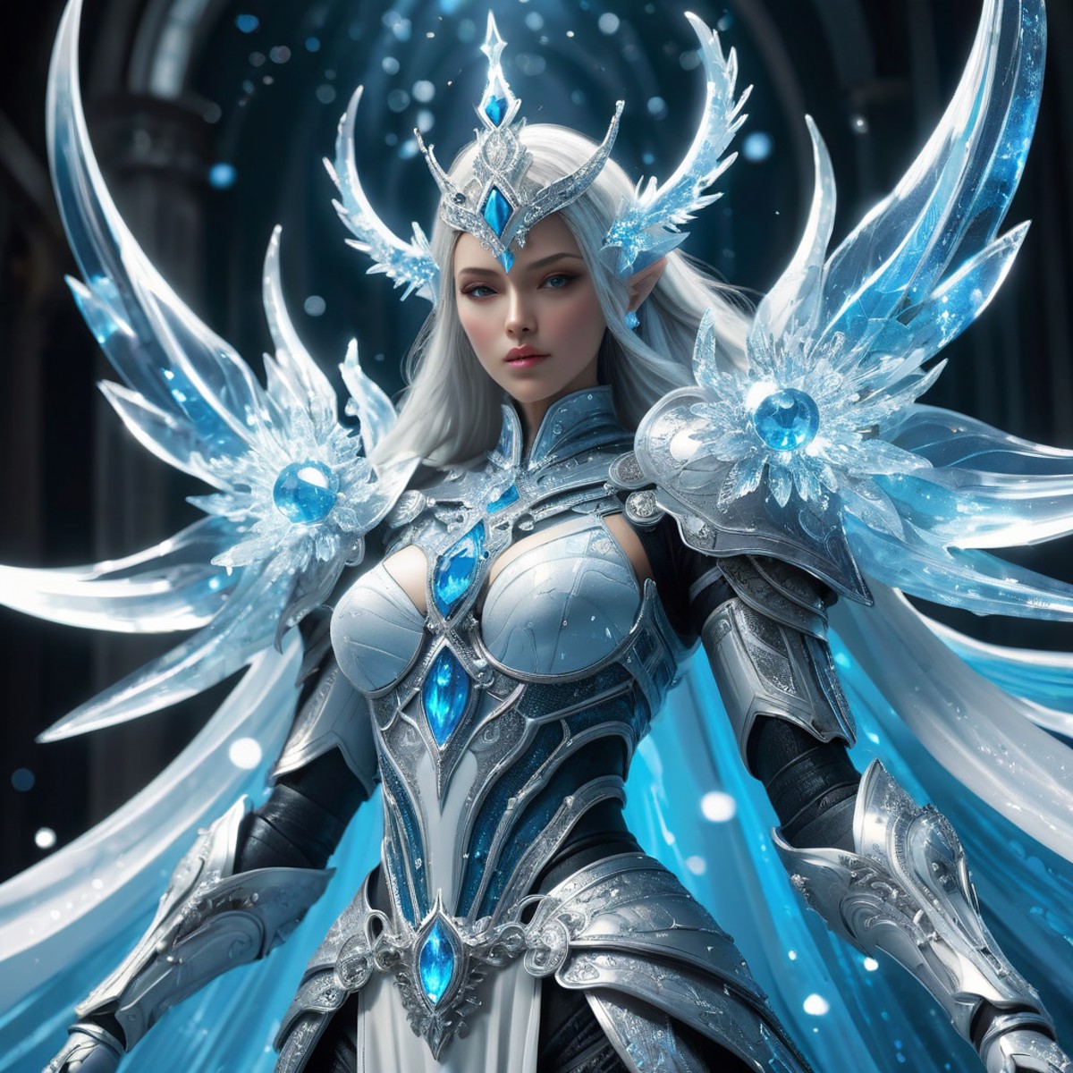 A white magical knight in the form of an ice crystal, with silver armor and a long skirt, holding many blue crystals on hi...