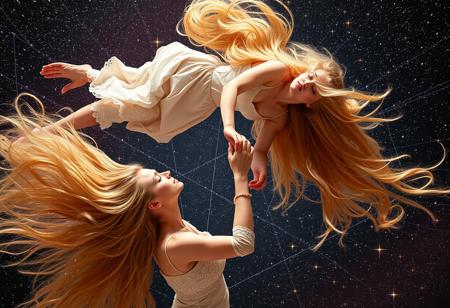 a hyper-realistic photograph of two beautiful blonde women with extremely long hair doing the stardust dance, one woman is floating above another and they have their hands reaching out to each other, they both have very dynamic poses, they look like they're falling into an abyss or space time vortex