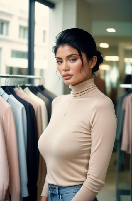 A photorealistic image of kl jnnr woman, shopping in a chic boutique, wearing trendy turtleneck shirt, with soft ambient lighting, in an indoor urban setting during the daytime, with muted pastel colors, rendered in a polaroid style, expressing a feeling of relaxation and contentment, analog film grain, bokeh